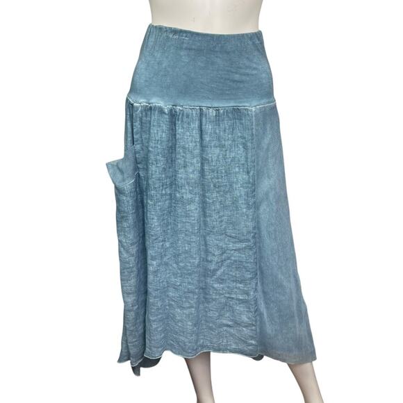Inizio Women's M Blue Linen Lagenlook Artsy Stretch Pull On Midi Skirt EUC - Picture 1 of 4